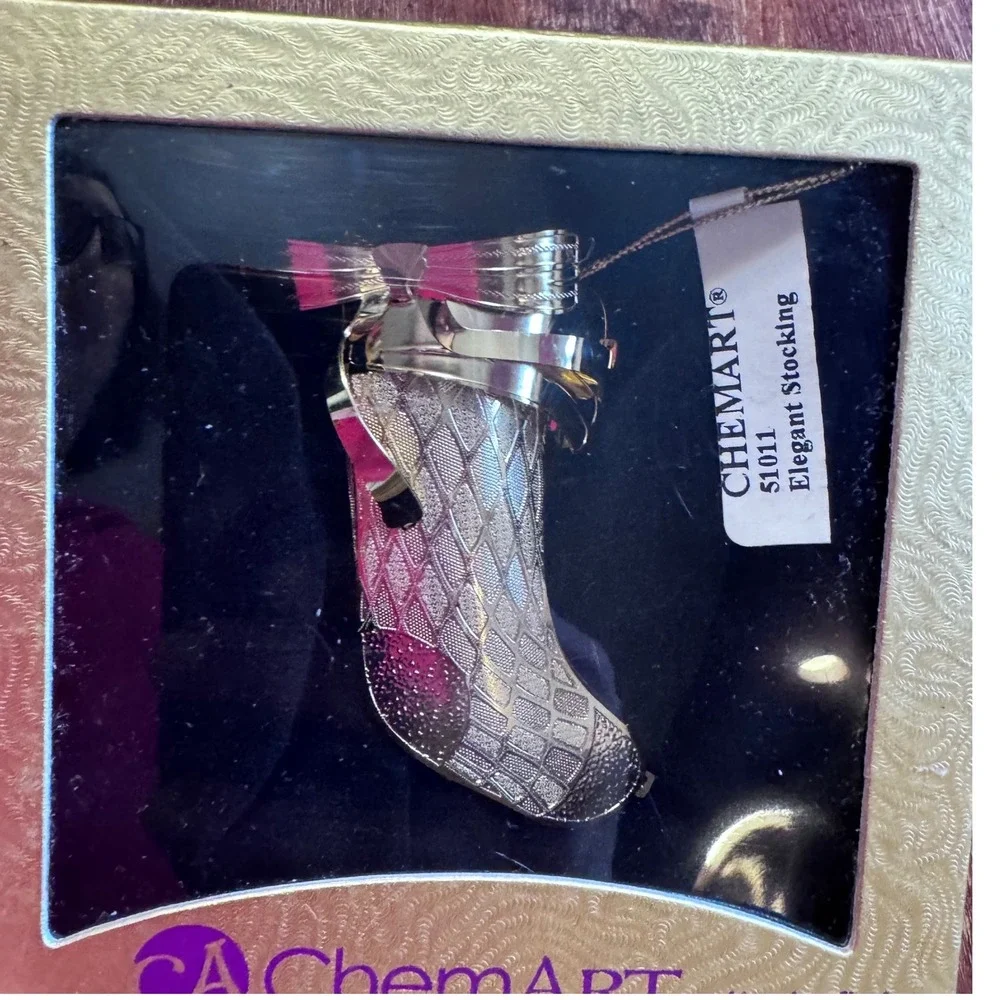 ChemArt Elegant Stocking Christmas Ornament 51011‎ Gold Tone Handcrafted USA Box